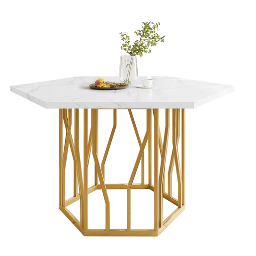 Conjunto de mesa e cadeiras 5 peças - Mesa hexagonal de mármore + 4 cadeiras de veludo verde - Dourado