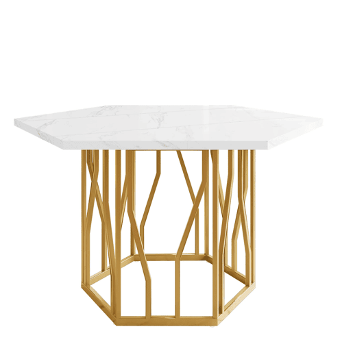 Conjunto de mesa e cadeiras 5 peças - Mesa hexagonal de mármore + 4 cadeiras de veludo verde - Dourado