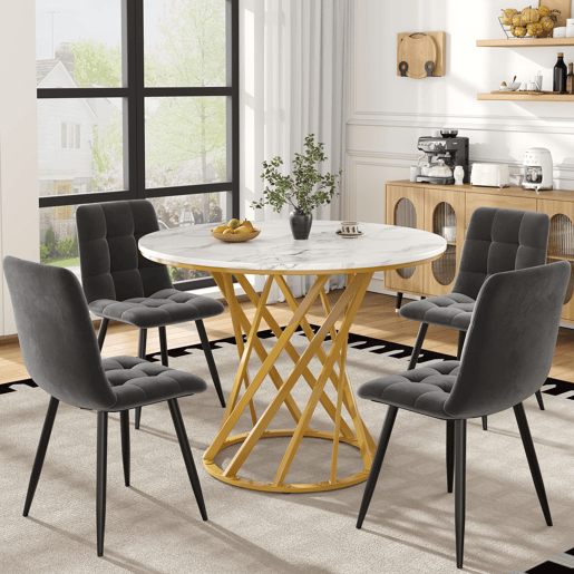 Conjunto de mesa e cadeiras 80 cm - Mesa redonda com pernas metálicas douradas - Branco, cinza escuro, veludo