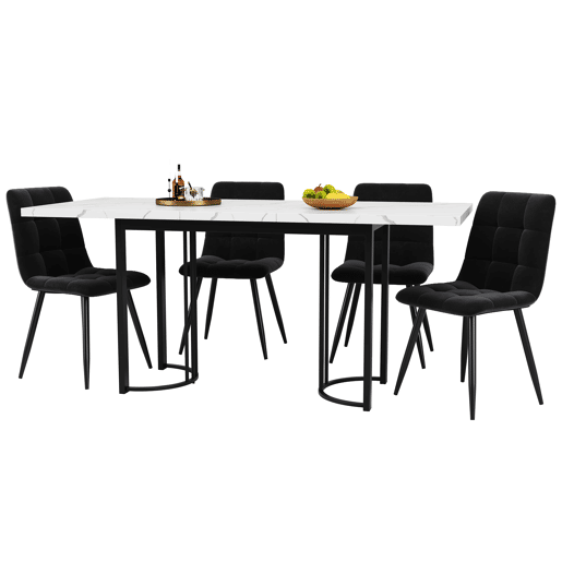 Conjunto de sala de jantar de 5 peças 140x80 cm - Mesa extensível com 4 cadeiras de veludo preto e branco - Metal
