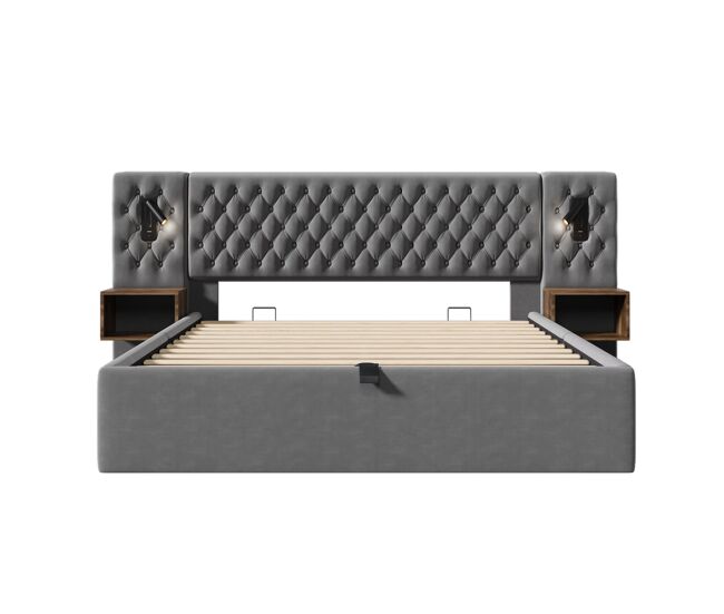 Cama polsterbett 180x200 - cama con almacenamiento hidráulico, luz de lectura, usb - gris