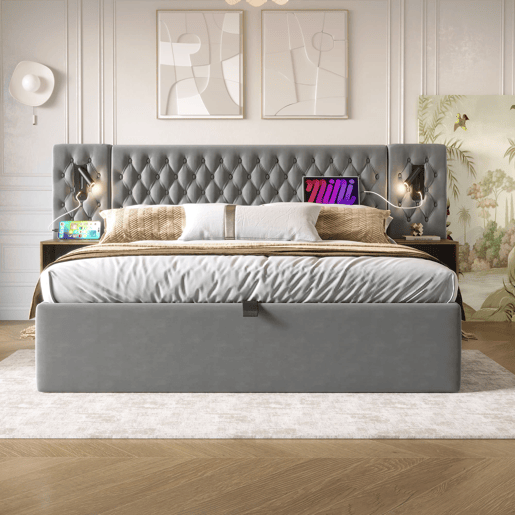 Cama Polsterbett 180x200 - Cama com arrumação hidráulica, luz de leitura, USB - Cinza