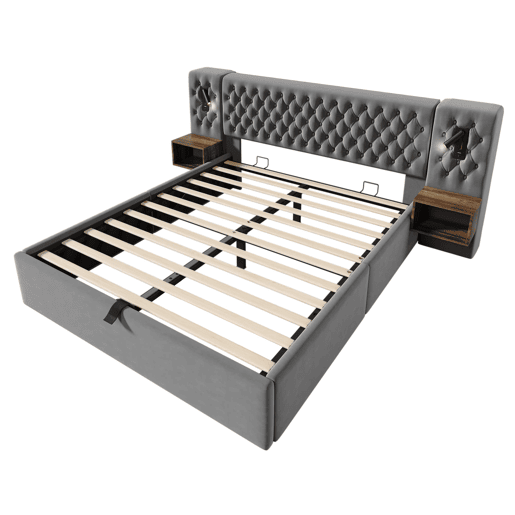 Cama Polsterbett 180x200 - Cama com arrumação hidráulica, luz de leitura, USB - Cinza