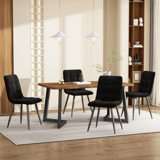 Conjunto de sala de jantar de 5 peças - Mesa de jantar 117x68 cm - Madeira, pernas metálicas pretas, MDF nogueira - Cadeiras de veludo preto