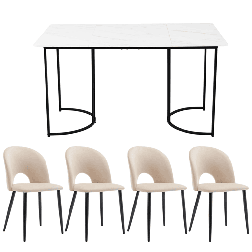 Conjunto de mesa e cadeiras 140×80 cm - Mesa de jantar moderna com 4 cadeiras de veludo, pernas pretas - Bege Conjunto de mesa e cadeiras 140×80 cm - Mesa de jantar moderna com 4 cadeiras de veludo, pernas pretas - Bege