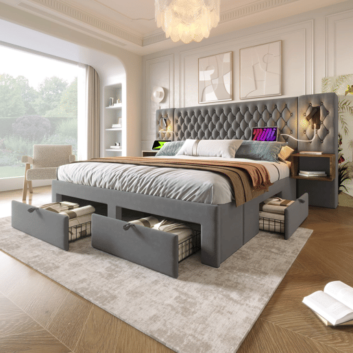 Conjunto de cama 160x200 cm - Cabeceira com luz de leitura e carregamento USB, 2 mesas de cabeceira e 4 gavetas - Cinza veludo