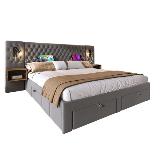 Conjunto de cama 160x200 cm - Cabeceira com luz de leitura e carregamento USB, 2 mesas de cabeceira e 4 gavetas - Cinza veludo