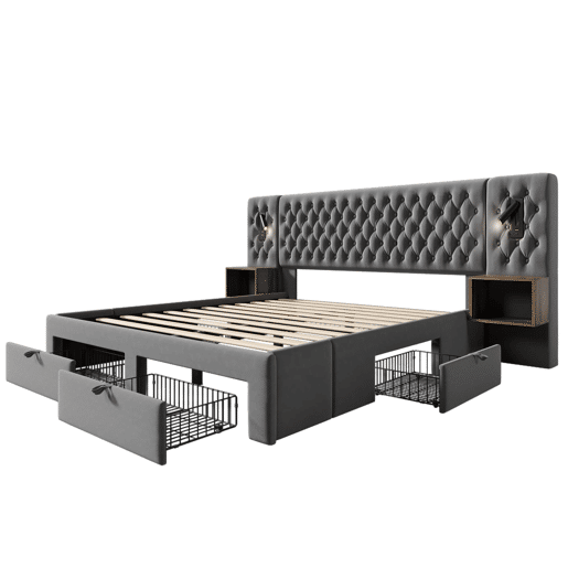 Conjunto de cama 160x200 cm - Cabeceira com luz de leitura e carregamento USB, 2 mesas de cabeceira e 4 gavetas - Cinza veludo