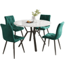 Conjunto de sala de jantar de 5 peças - Mesa redonda de mármore com 4 cadeiras ergonómicas de couro verde - Preto, Branco