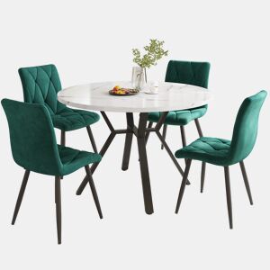 Conjunto de sala de jantar de 5 peças - Mesa redonda de mármore com 4 cadeiras ergonómicas de couro verde - Preto, Branco