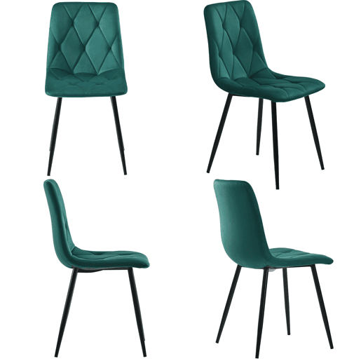 Conjunto de sala de jantar de 5 peças - Mesa redonda de mármore com 4 cadeiras ergonómicas de couro verde - Preto, Branco