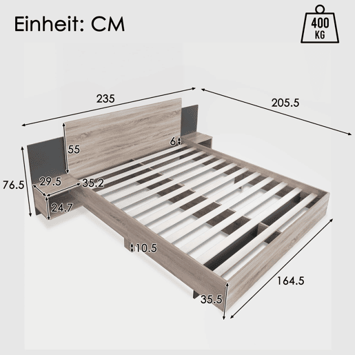 Cama de casal 160x200 cm - Com 2 mesas de cabeceira, estrutura em madeira, cor carvalho Sonomacinza escuro