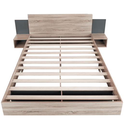 Cama de casal 160x200 cm - Com 2 mesas de cabeceira, estrutura em madeira, cor carvalho Sonomacinza escuro