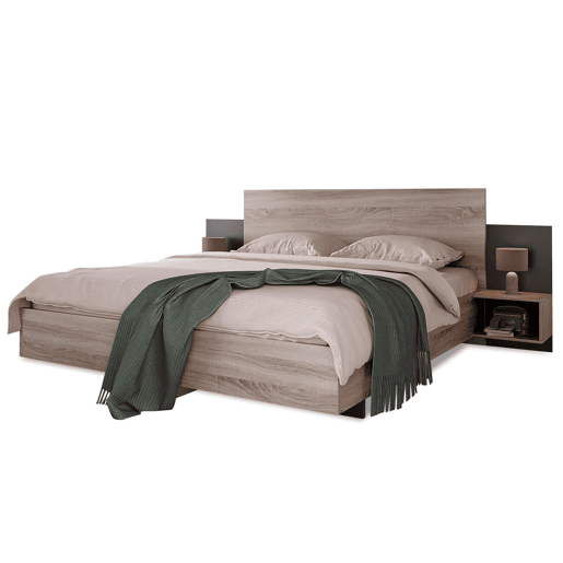 Cama de casal 160x200 cm - Com 2 mesas de cabeceira, estrutura em madeira, cor carvalho Sonomacinza escuro