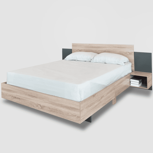Cama de casal 160x200 cm - Com 2 mesas de cabeceira, estrutura em madeira, cor carvalho Sonomacinza escuro