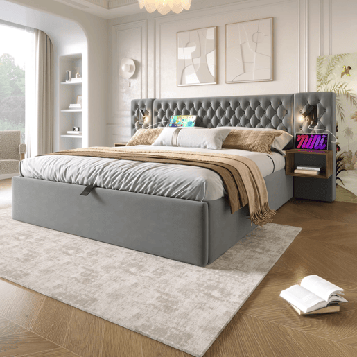 Cama Polsterbett 160x200 - Cama com arrumação hidráulica, 2 mesas de cabeceira, luz de leitura, USB - Cinza