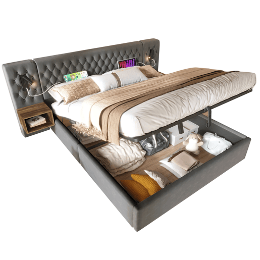 Cama Polsterbett 160x200 - Cama com arrumação hidráulica, 2 mesas de cabeceira, luz de leitura, USB - Cinza