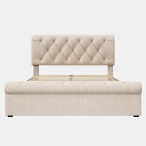 Cama estofada 140x200 cm - Estrutura com 4 gavetas e cabeceira ajustável - Natural