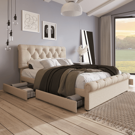 Cama estofada 140x200 cm - Estrutura com 4 gavetas e cabeceira ajustável - Natural