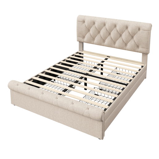 Cama estofada 140x200 cm - Estrutura com 4 gavetas e cabeceira ajustável - Natural