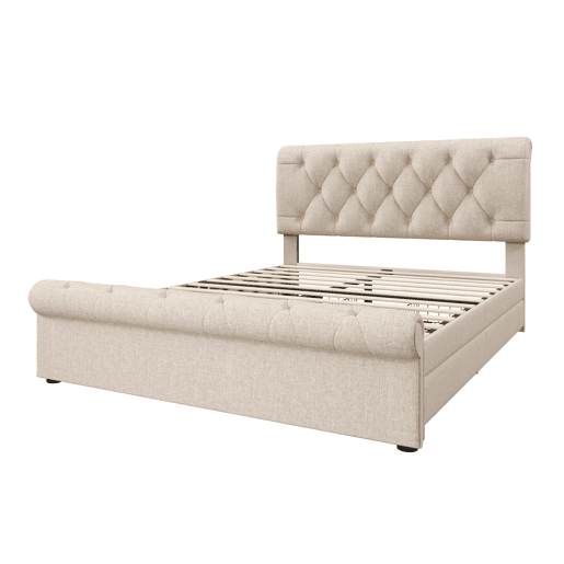 Cama estofada 140x200 cm - Estrutura com 4 gavetas e cabeceira ajustável - Natural