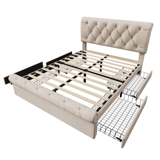 Cama estofada 140x200 cm - Estrutura com 4 gavetas e cabeceira ajustável - Natural