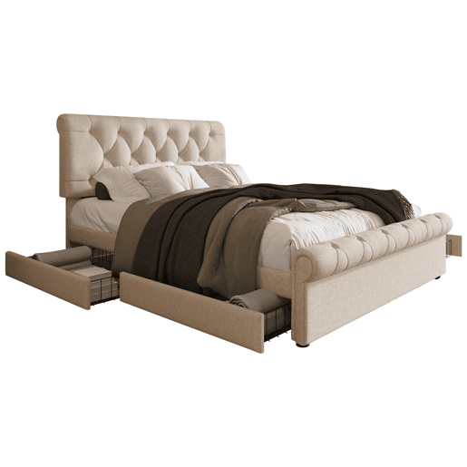 Cama estofada 140x200 cm - Estrutura com 4 gavetas e cabeceira ajustável - Natural
