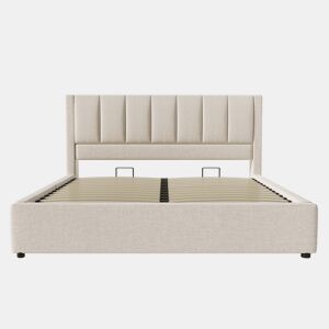 Cama estofada 140x200 cm - Com arrumação e elevação hidráulica, com estrado de ripas - Bege