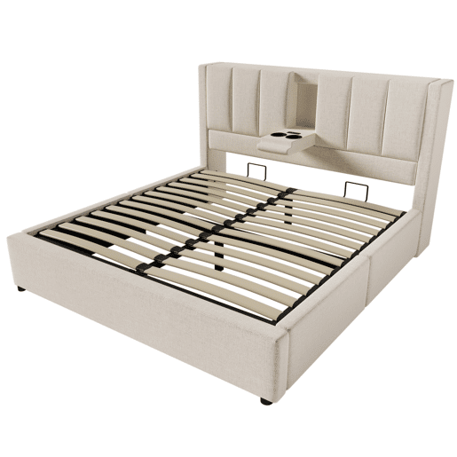 Cama estofada 140x200 cm - Com arrumação e elevação hidráulica, com estrado de ripas - Bege