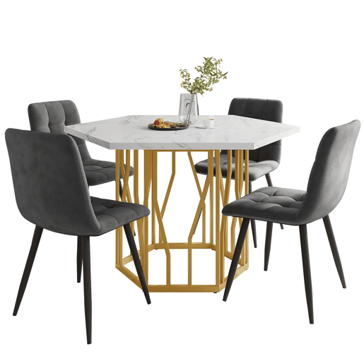 Conjunto de mesa e cadeiras 5 peças - Mesa hexagonal de mármore + 4 cadeiras de veludo cinza - Dourado