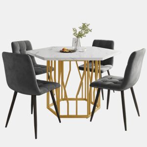 Conjunto de mesa e cadeiras 5 peças - Mesa hexagonal de mármore + 4 cadeiras de veludo cinza - Dourado