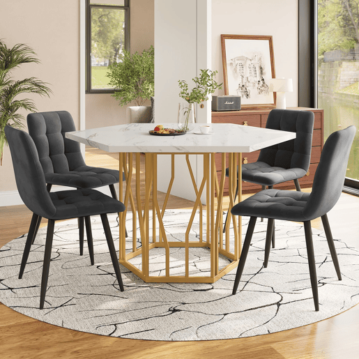 Conjunto de mesa e cadeiras 5 peças - Mesa hexagonal de mármore + 4 cadeiras de veludo cinza - Dourado