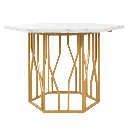 Conjunto de mesa e cadeiras 5 peças - Mesa hexagonal de mármore + 4 cadeiras de veludo cinza - Dourado