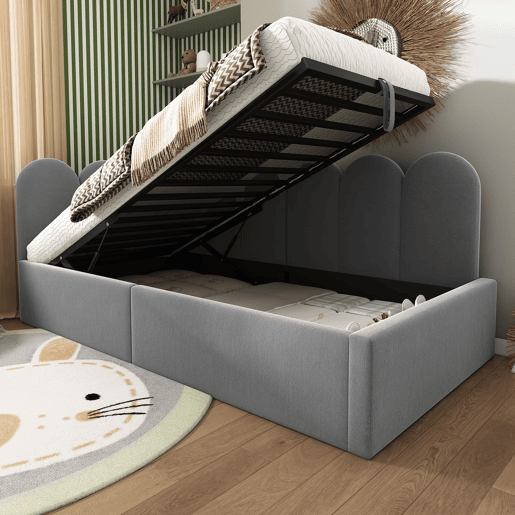 Cama estofada 90x200 cm - Sofá-cama com arrumação hidráulica, base metálica, cinzento