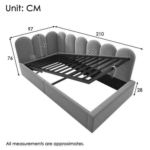 Cama estofada 90x200 cm - Sofá-cama com arrumação hidráulica, base metálica, cinzento