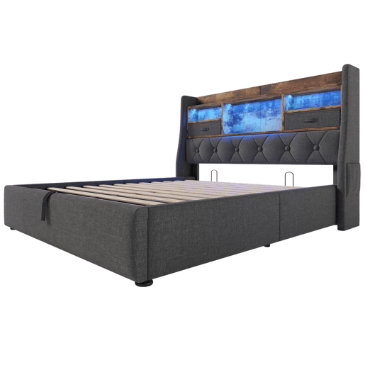 Cama hidráulica 140x200 cm - Com arrumação, cabeceira LED, 4 portas USBType-C - Cinza