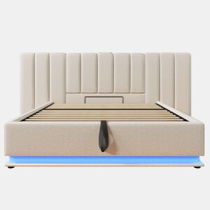 Cama Polsterbett 180x200 - Cama de casal com arrumação, LED e carregamento USB-C, bege