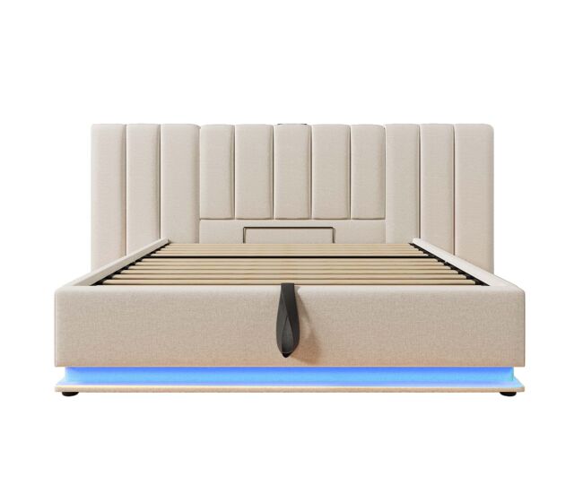 Cama polsterbett 180x200 - cama doble con almacenamiento, led y carga usb-c, beige