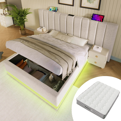 Cama Polsterbett 180x200 - Cama de casal com arrumação, LED e carregamento USB-C, bege
