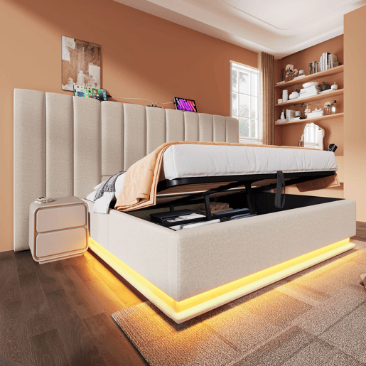 Cama Polsterbett 180x200 - Cama de casal com arrumação, LED e carregamento USB-C, bege