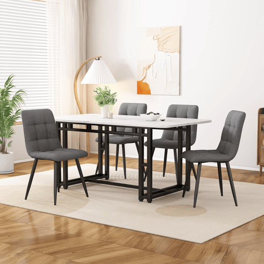 Conjunto de sala de jantar 120x70cm - Mesa moderna com 4 cadeiras, linho cinzento, pernas de ferro pretas