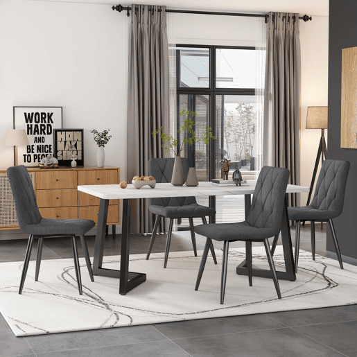 Conjunto de sala de jantar 117x68cm - Mesa retangular moderna com 4 cadeiras, tecido de linho cinzento, pernas pretas