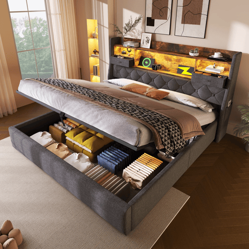 Cama hidráulica 160x200 cm - Com arrumação, cabeceira LED, 4 portas USBType-C, cinzenta
