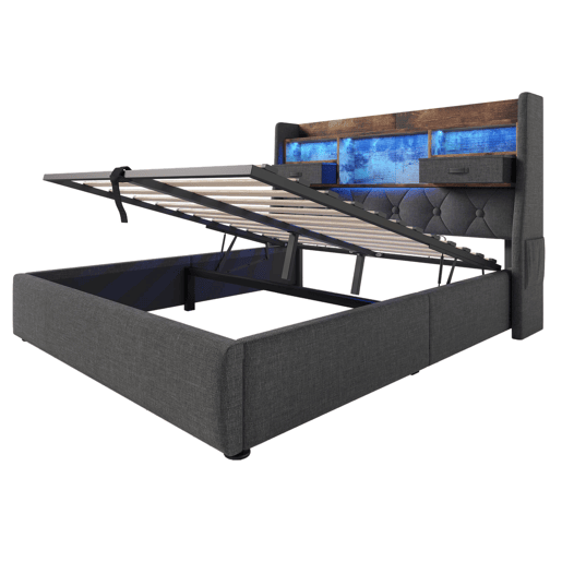 Cama hidráulica 160x200 cm - Com arrumação, cabeceira LED, 4 portas USBType-C, cinzenta