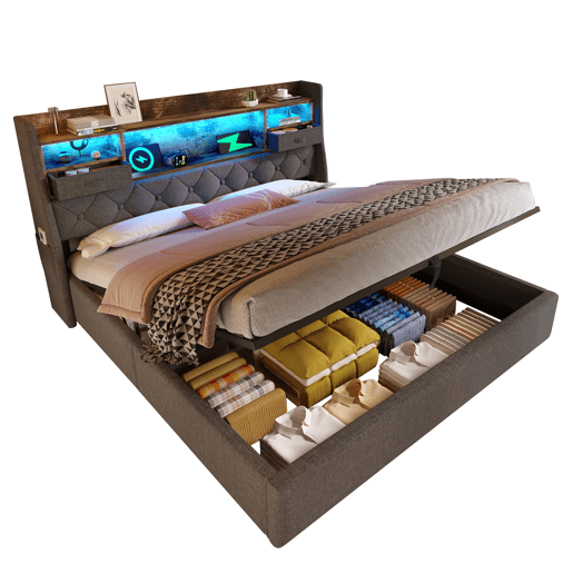Cama hidráulica 160x200 cm - Com arrumação, cabeceira LED, 4 portas USBType-C, cinzenta