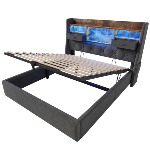 Cama hidráulica 160x200 cm - Com arrumação, cabeceira LED, 4 portas USBType-C, cinzenta