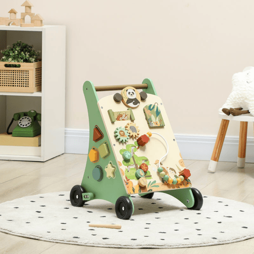AIYAPLAY Andador de Madeira para Bebé Centro de Atividades de Aprendizagem Montessori com Controlo de Velocidade com Xilofone Engrenagens Labirinto Contas para Crianças a partir de 18 Meses 33,5x36x46,8 cm Verde
