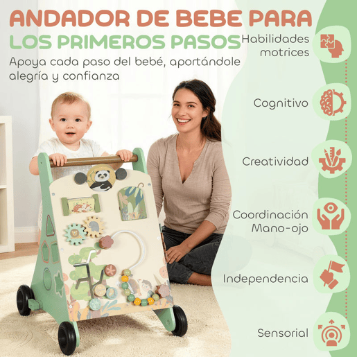 AIYAPLAY Andador de Madeira para Bebé Centro de Atividades de Aprendizagem Montessori com Controlo de Velocidade com Xilofone Engrenagens Labirinto Contas para Crianças a partir de 18 Meses 33,5x36x46,8 cm Verde