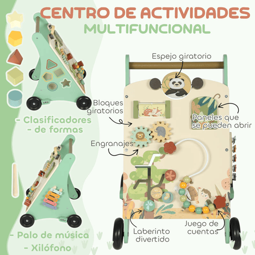 AIYAPLAY Andador de Madeira para Bebé Centro de Atividades de Aprendizagem Montessori com Controlo de Velocidade com Xilofone Engrenagens Labirinto Contas para Crianças a partir de 18 Meses 33,5x36x46,8 cm Verde