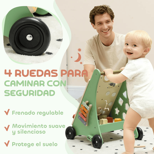 AIYAPLAY Andador de Madeira para Bebé Centro de Atividades de Aprendizagem Montessori com Controlo de Velocidade com Xilofone Engrenagens Labirinto Contas para Crianças a partir de 18 Meses 33,5x36x46,8 cm Verde